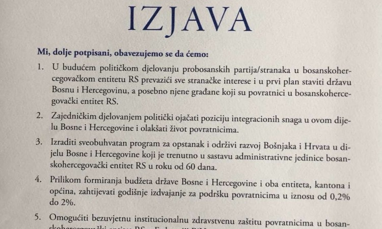 Predstavnici stranaka potpisali Izjavu o položaju povratnika i Srebrenici