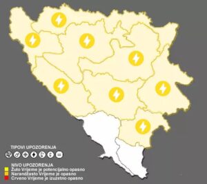 Upaljen žuti meteoalarm za skoro cijelu BiH