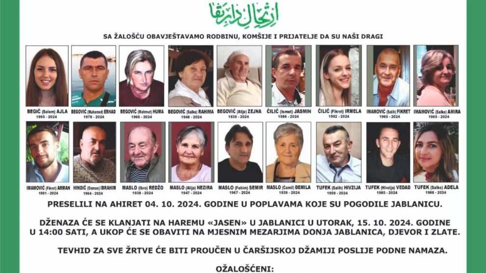Kolektivna dženaza nastradalim u poplavama 15. oktobra u Jablanici